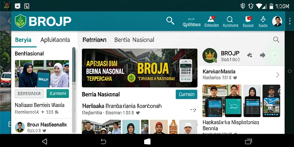 Tampilan antarmuka aplikasi BROJP yang menampilkan berita nasional terbaru.